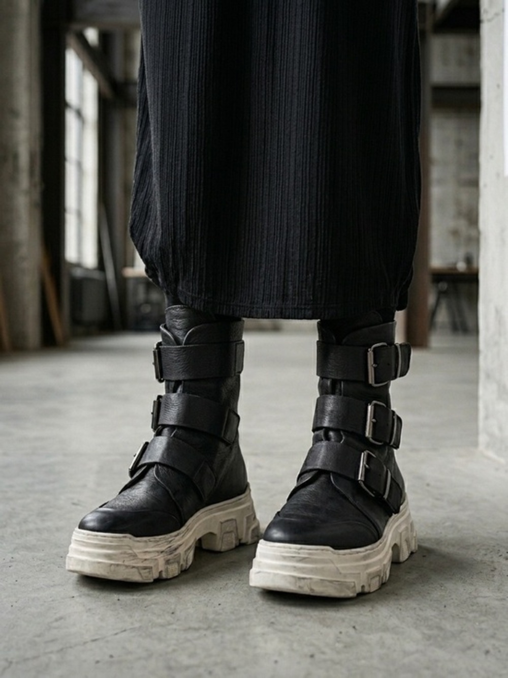 Lofina Black Leather Triple Buckle Combat Boots Chunky Platform Sole EU